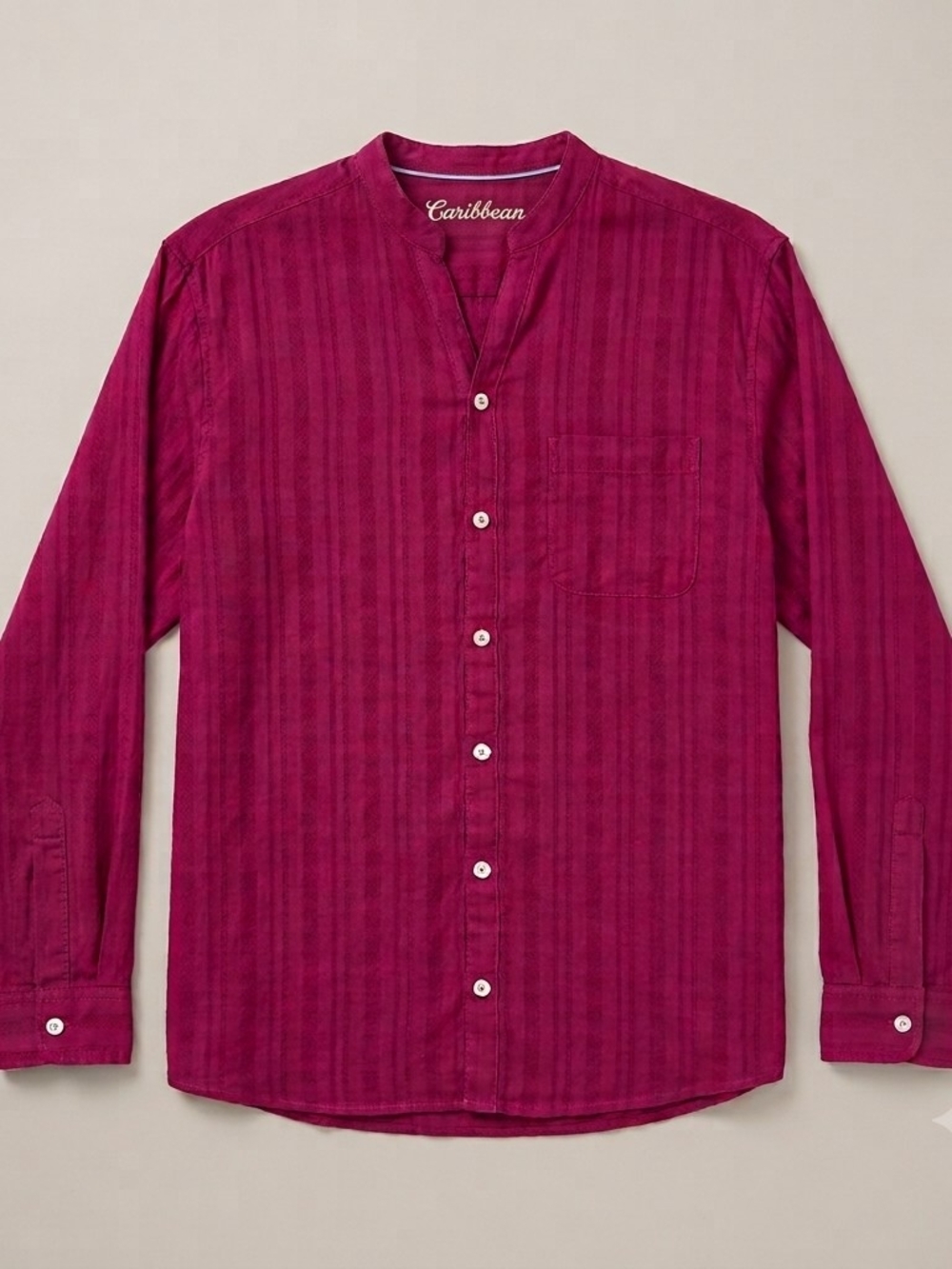 Caribbean Womens Linen Rayon Blend Blouse Top Size L Magenta Band Collar